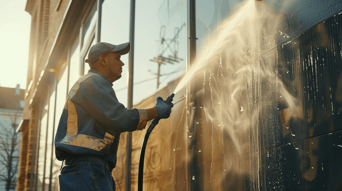 Person pressure washing a window with a hose, with sunlight illuminating the area.